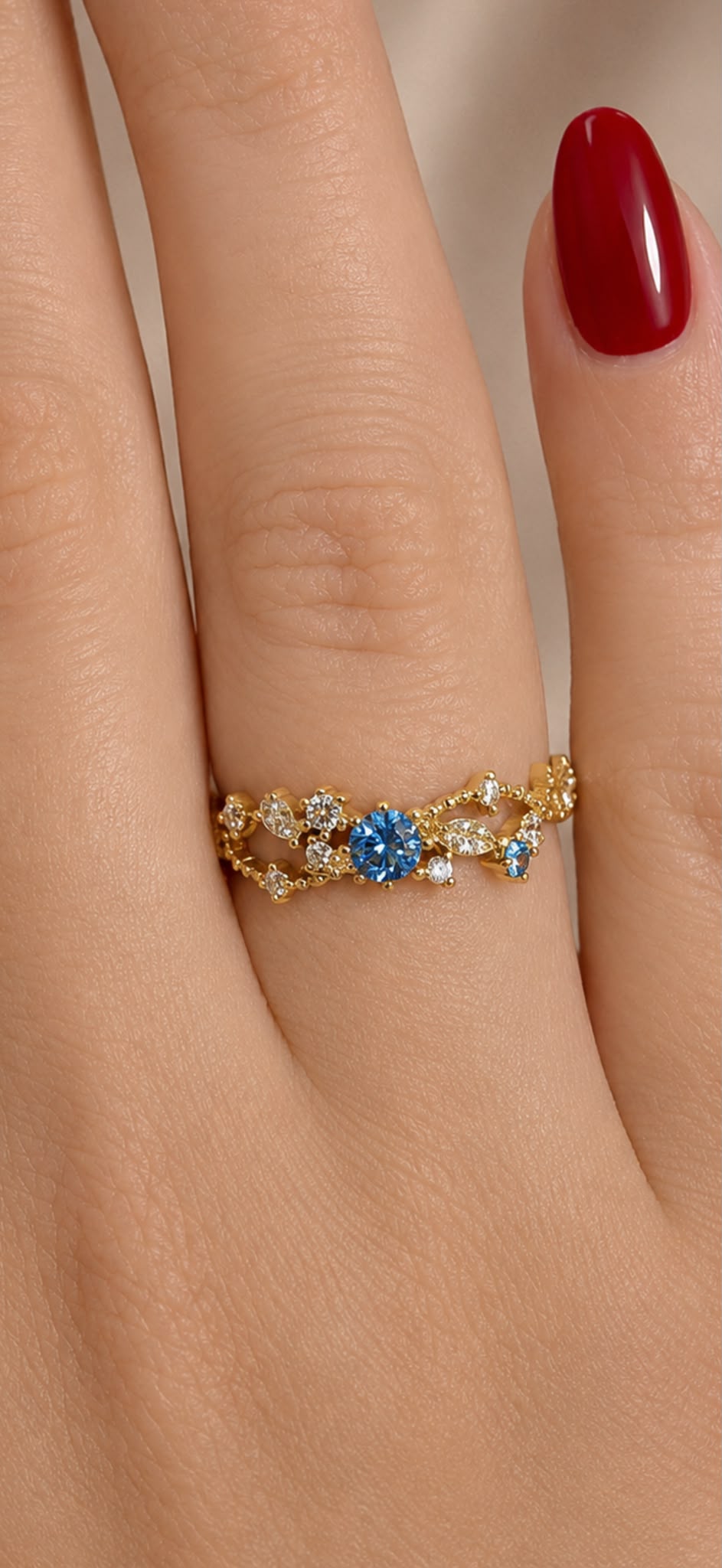 Adjustable Gold Filigree Ring with Blue Crystal Accent