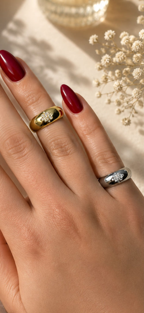 Adjustable Chunky Dome Ring with Starburst CZ Crystal Accent