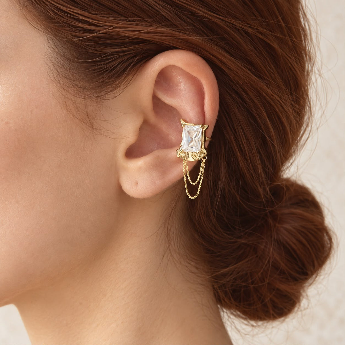 Gold-Tone Ear Cuff with Double Chain and Square Detail