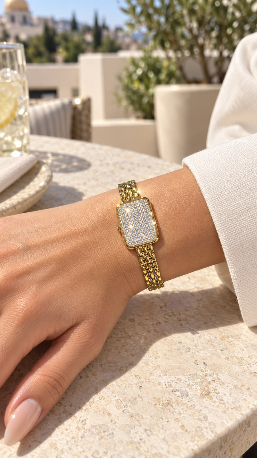 Gold-Tone Watch-Inspired Bracelet with Sparkling Rectangular Face