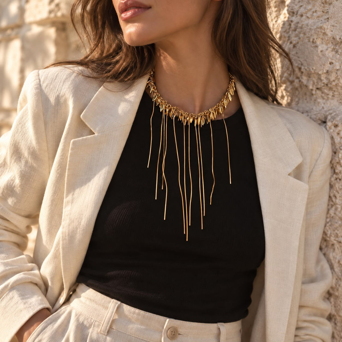 Gold Leaf Choker Necklace with Draping Fringe Chains