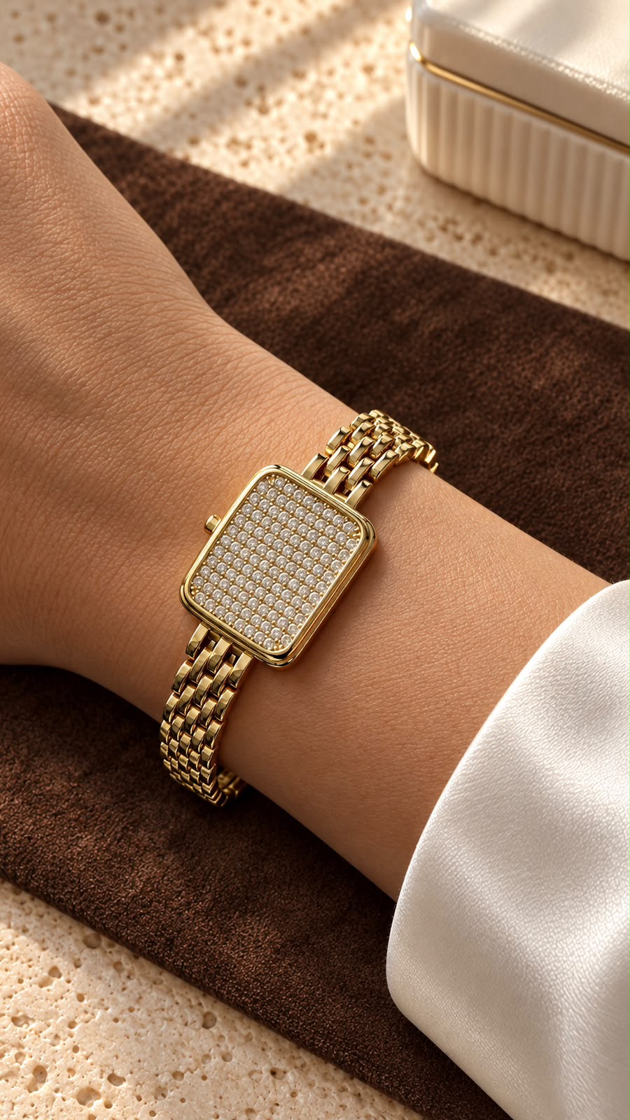 Gold-Tone Watch-Inspired Bracelet with Sparkling Rectangular Face