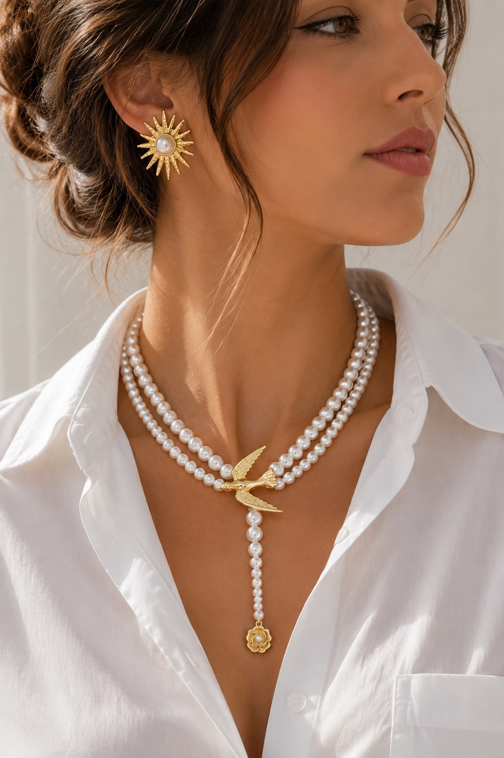 Double-Strand Pearl Look Swallow Necklace with Drop Pendant