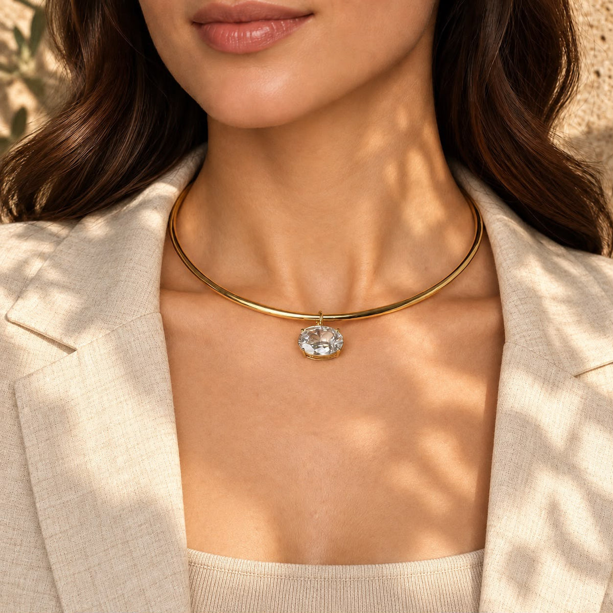 Gold-Tone Choker Necklace with Clear Oval Pendant