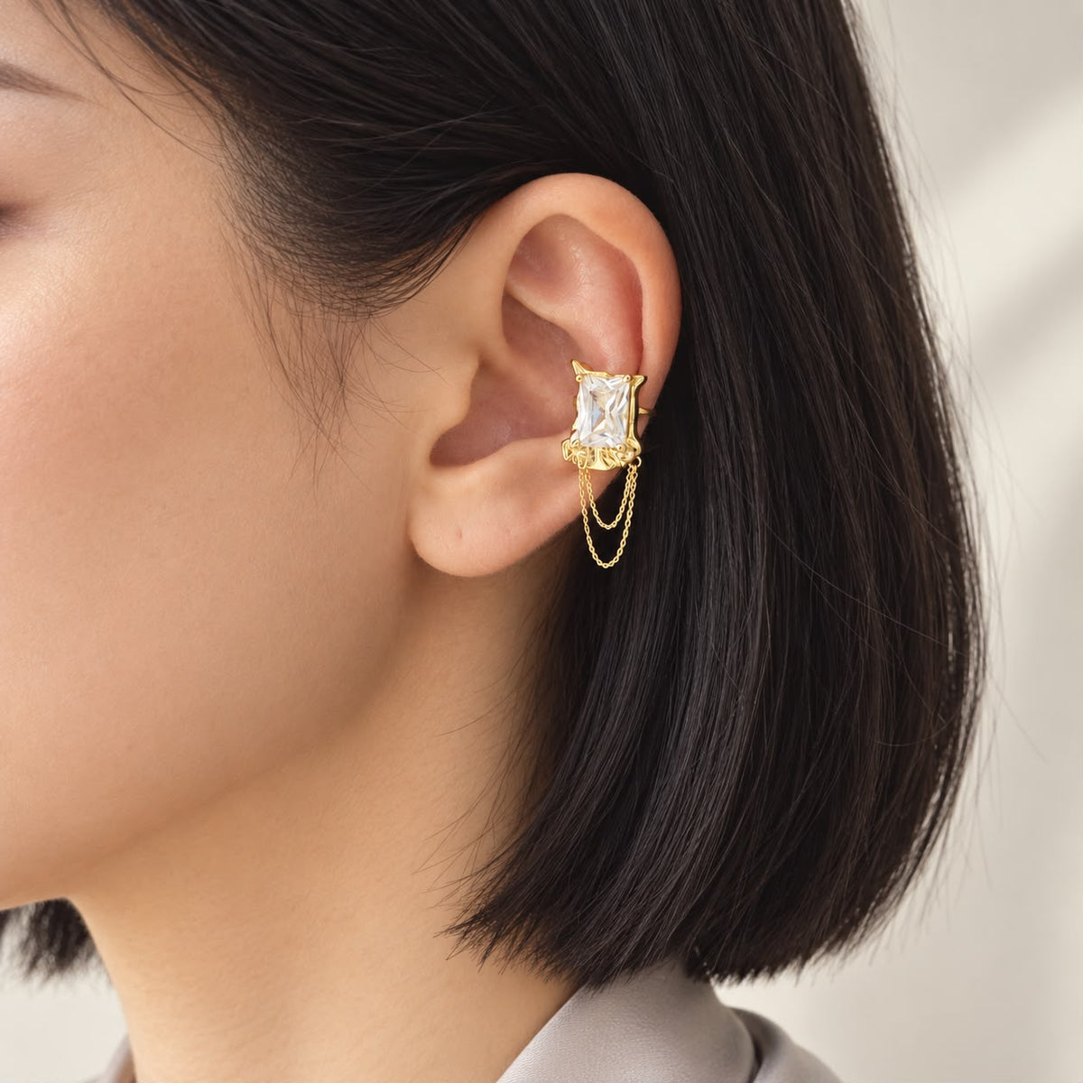 Gold-Tone Ear Cuff with Double Chain and Square Detail