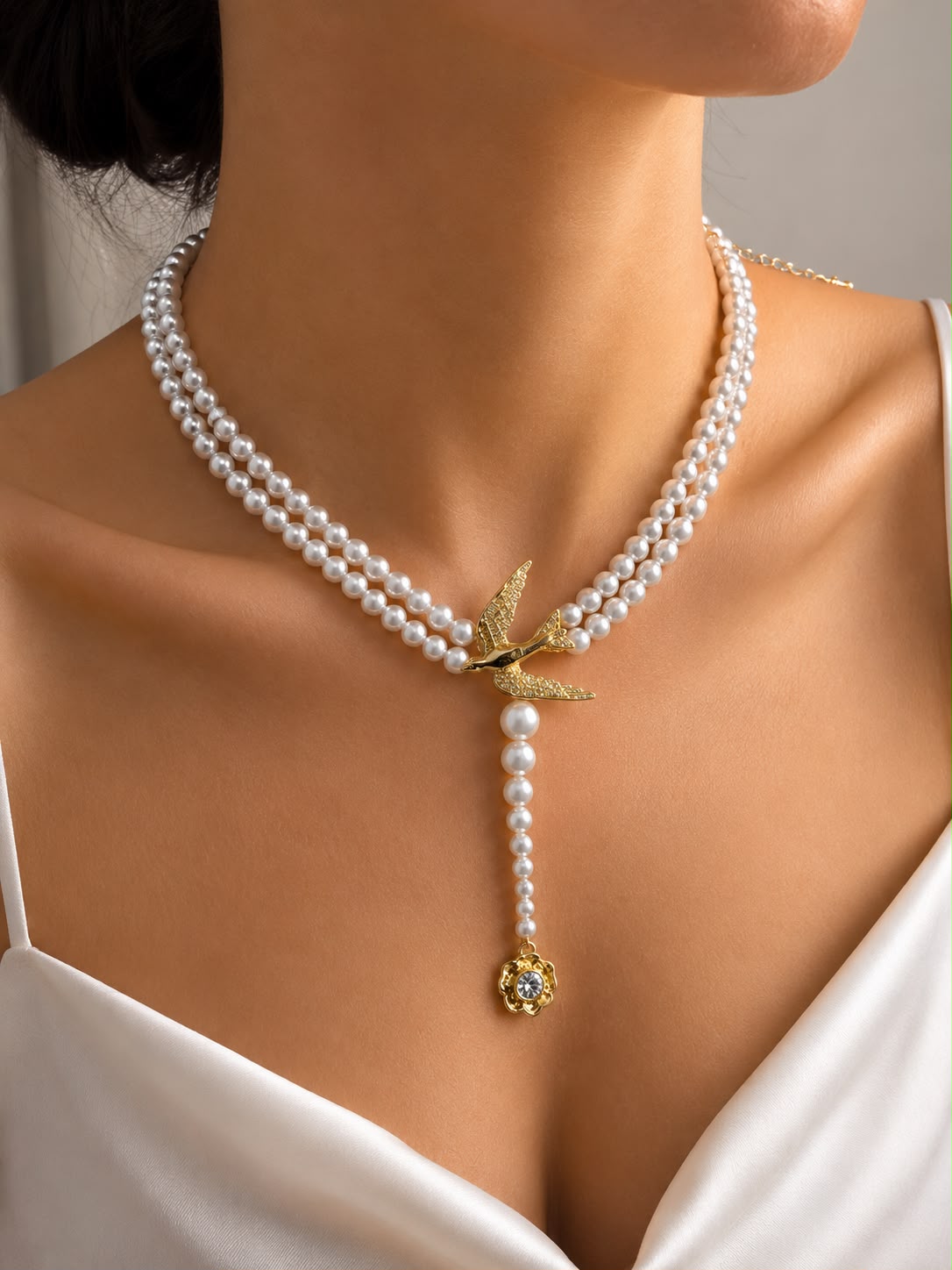 Double-Strand Pearl Look Swallow Necklace with Drop Pendant