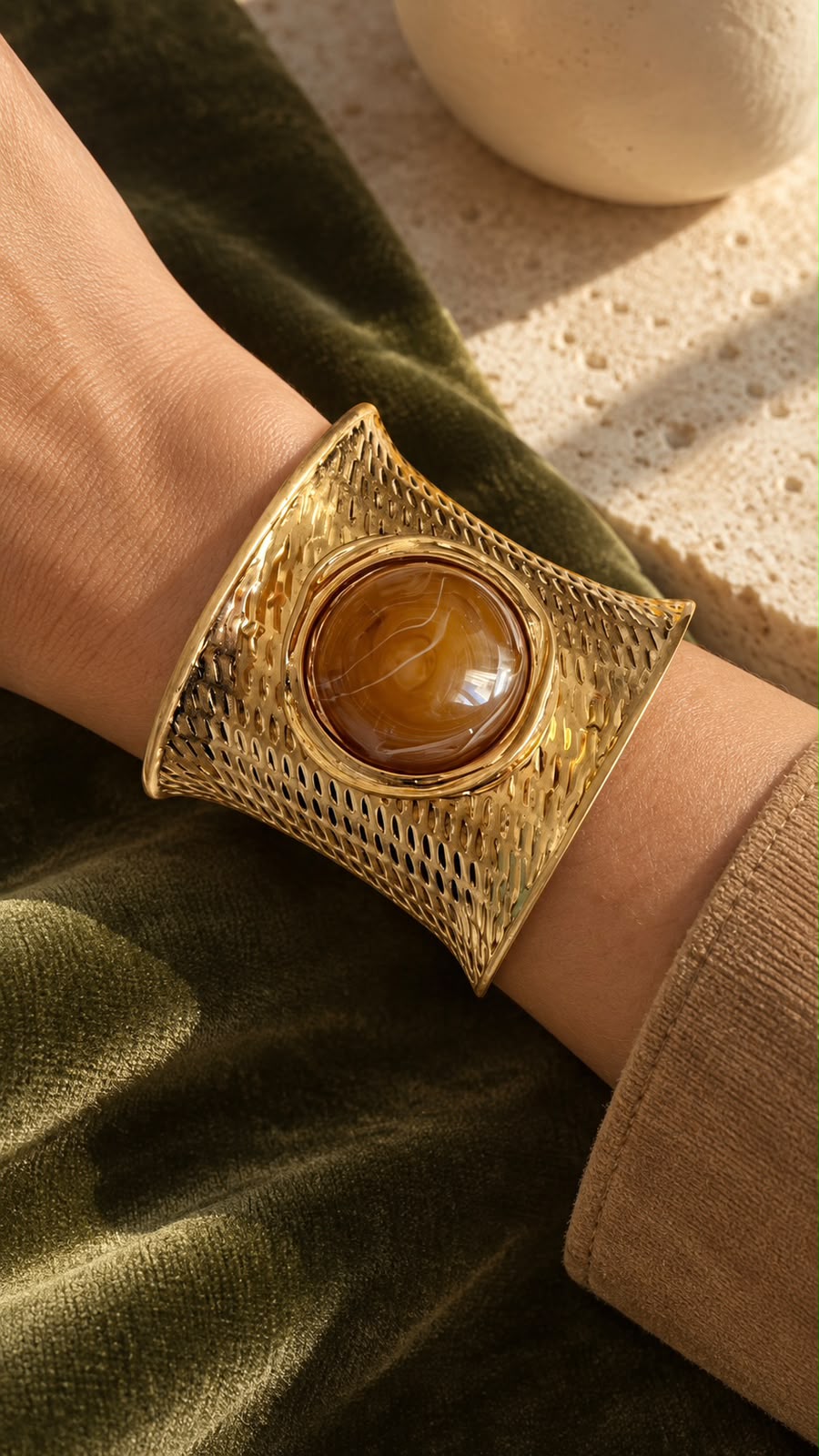 Gold-Tone Wide Cuff Bracelet with Amber-Colored Center