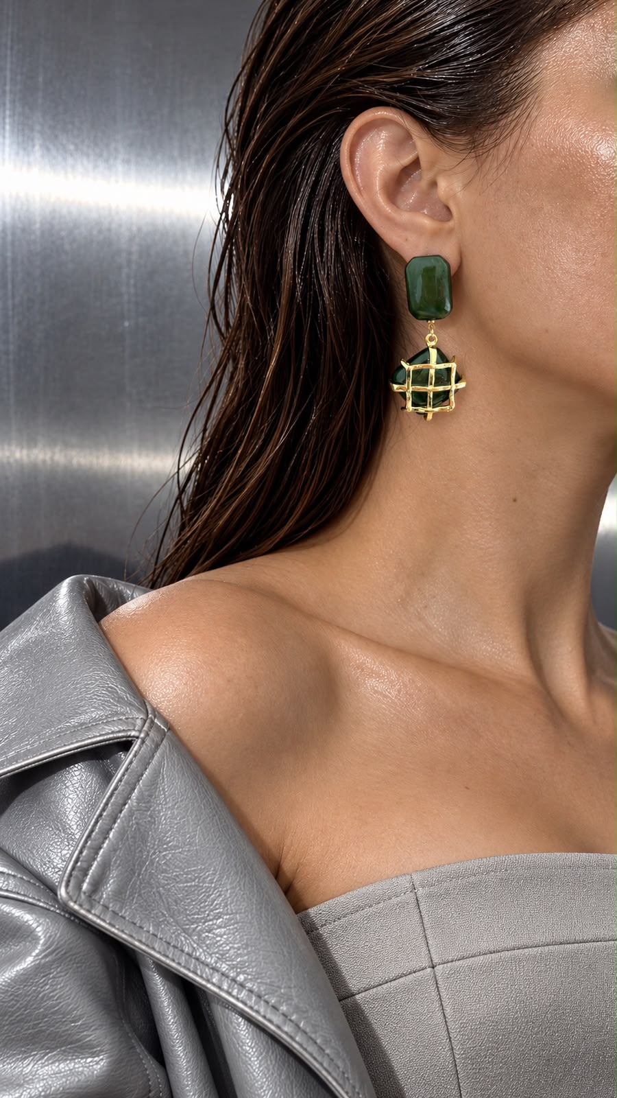 Green Geometric Drop Earrings with Gold-Tone Openwork Detail