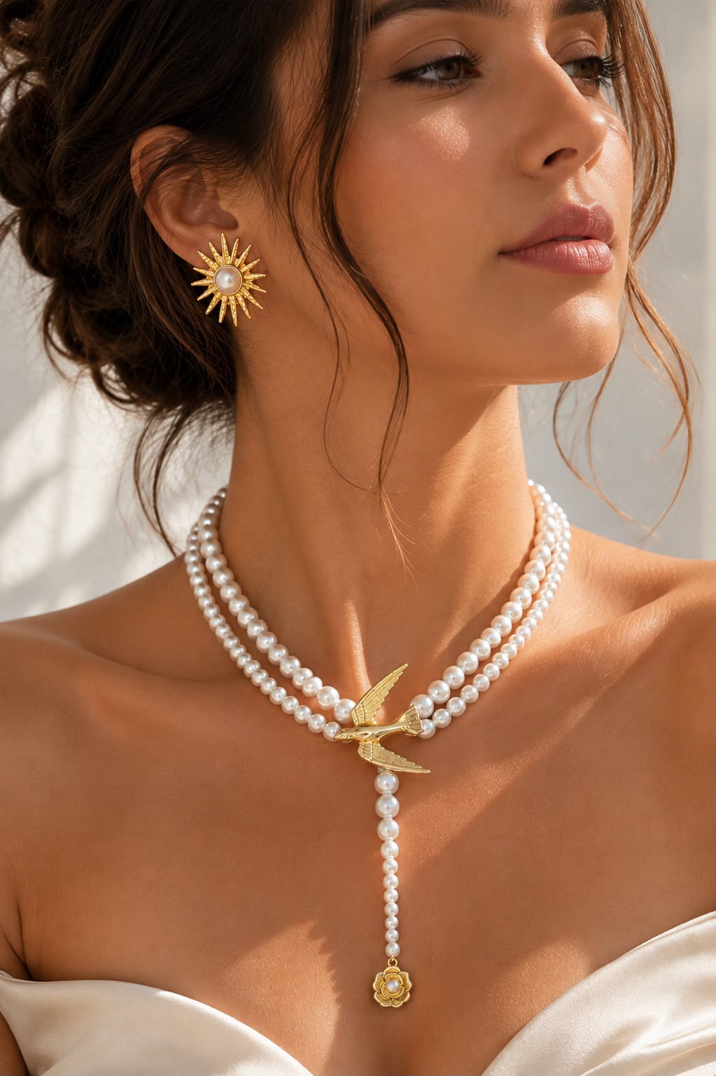 Double-Strand Pearl Look Swallow Necklace with Drop Pendant