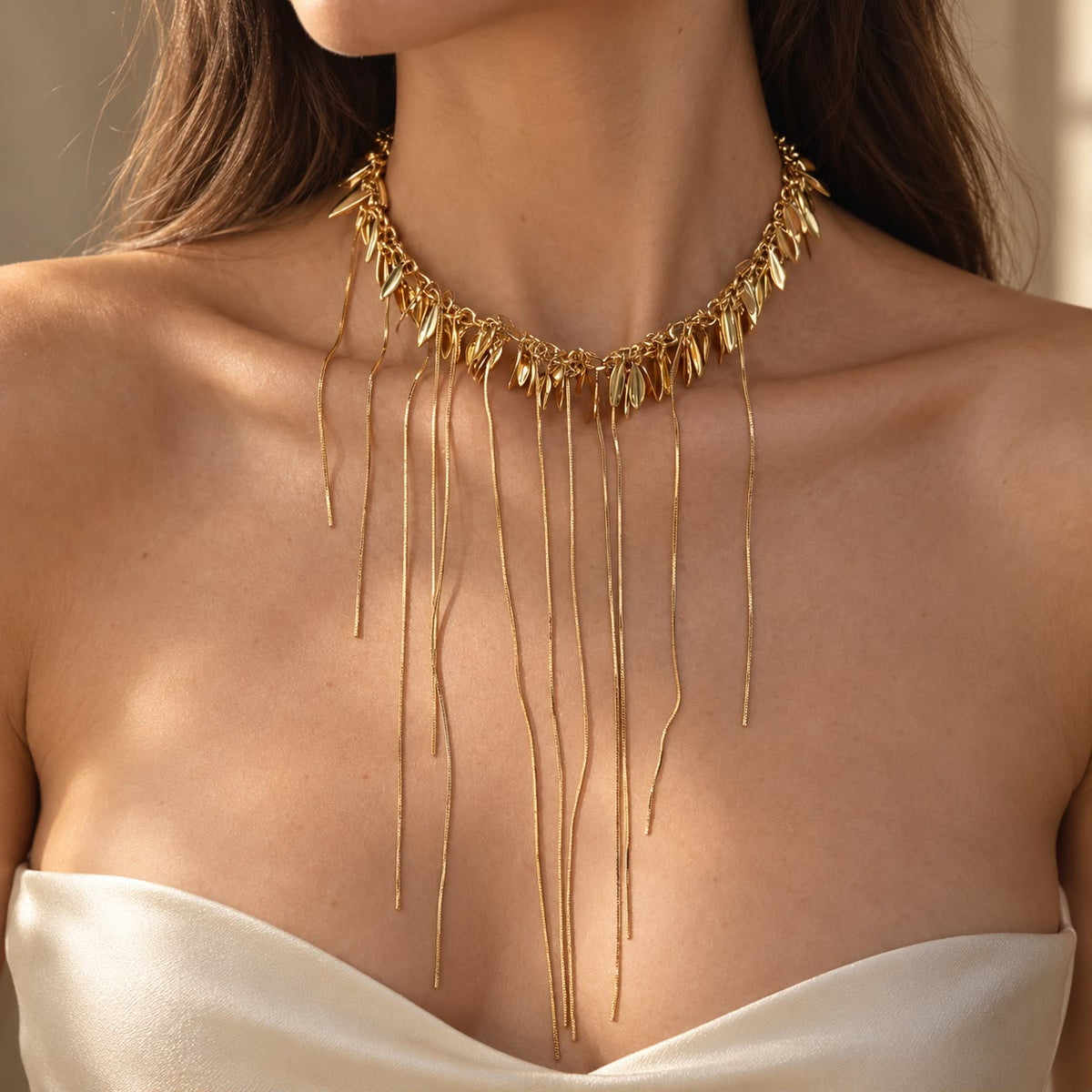 Gold Leaf Choker Necklace with Draping Fringe Chains