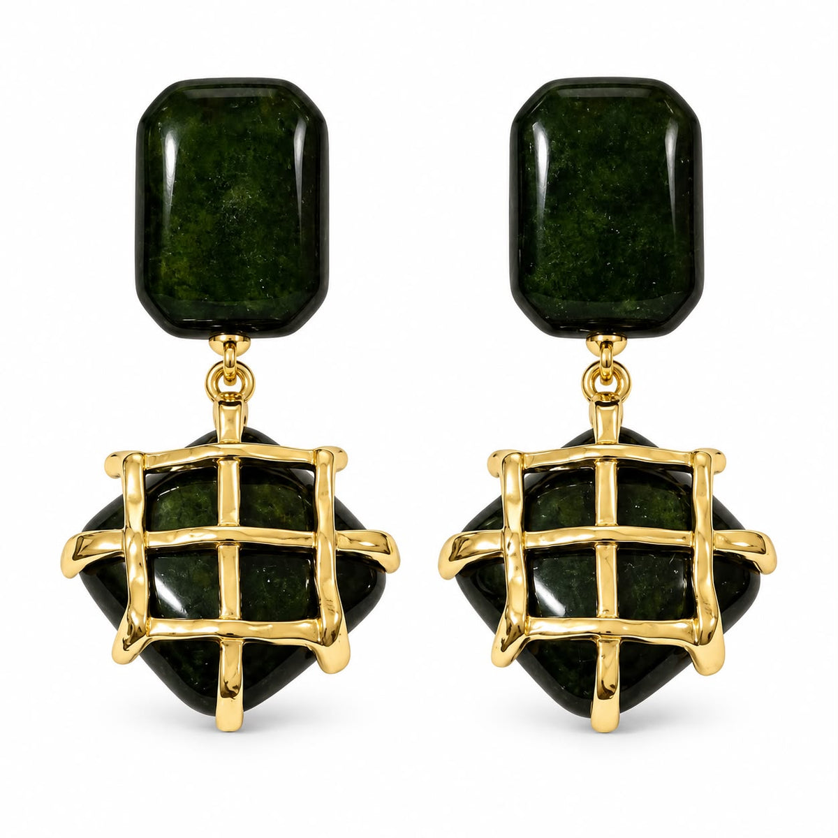 Green Geometric Drop Earrings with Gold-Tone Openwork Detail