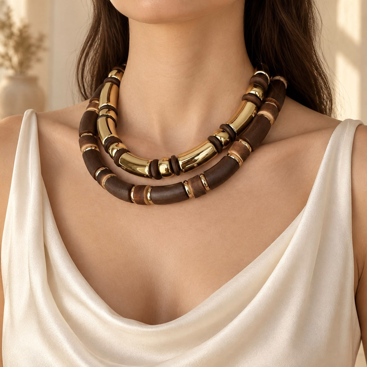 Two-Piece Brown and Gold-Tone Chunky Bead Necklace Set