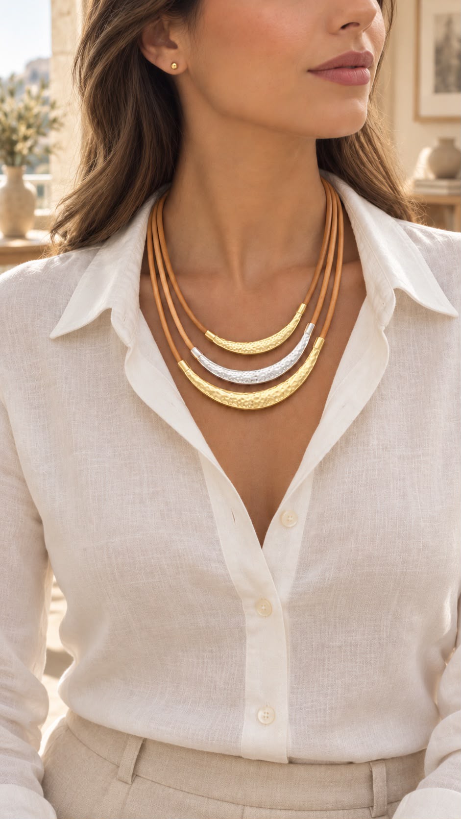 Multi-Strand Cord Statement Necklace with Hammered Gold and Silver Tone Curved Tubes