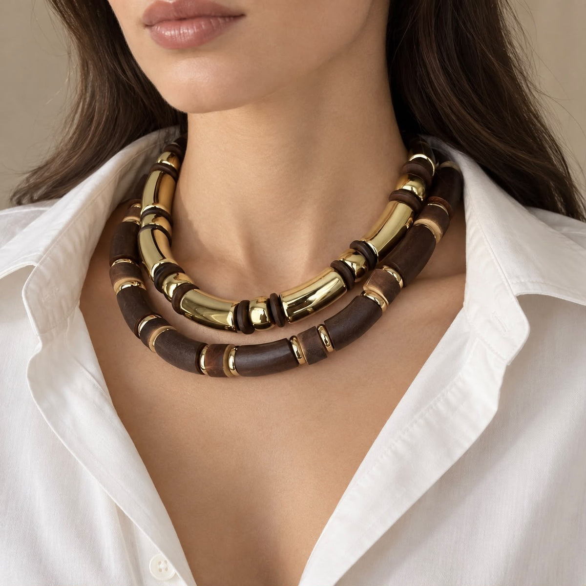 Two-Piece Brown and Gold-Tone Chunky Bead Necklace Set