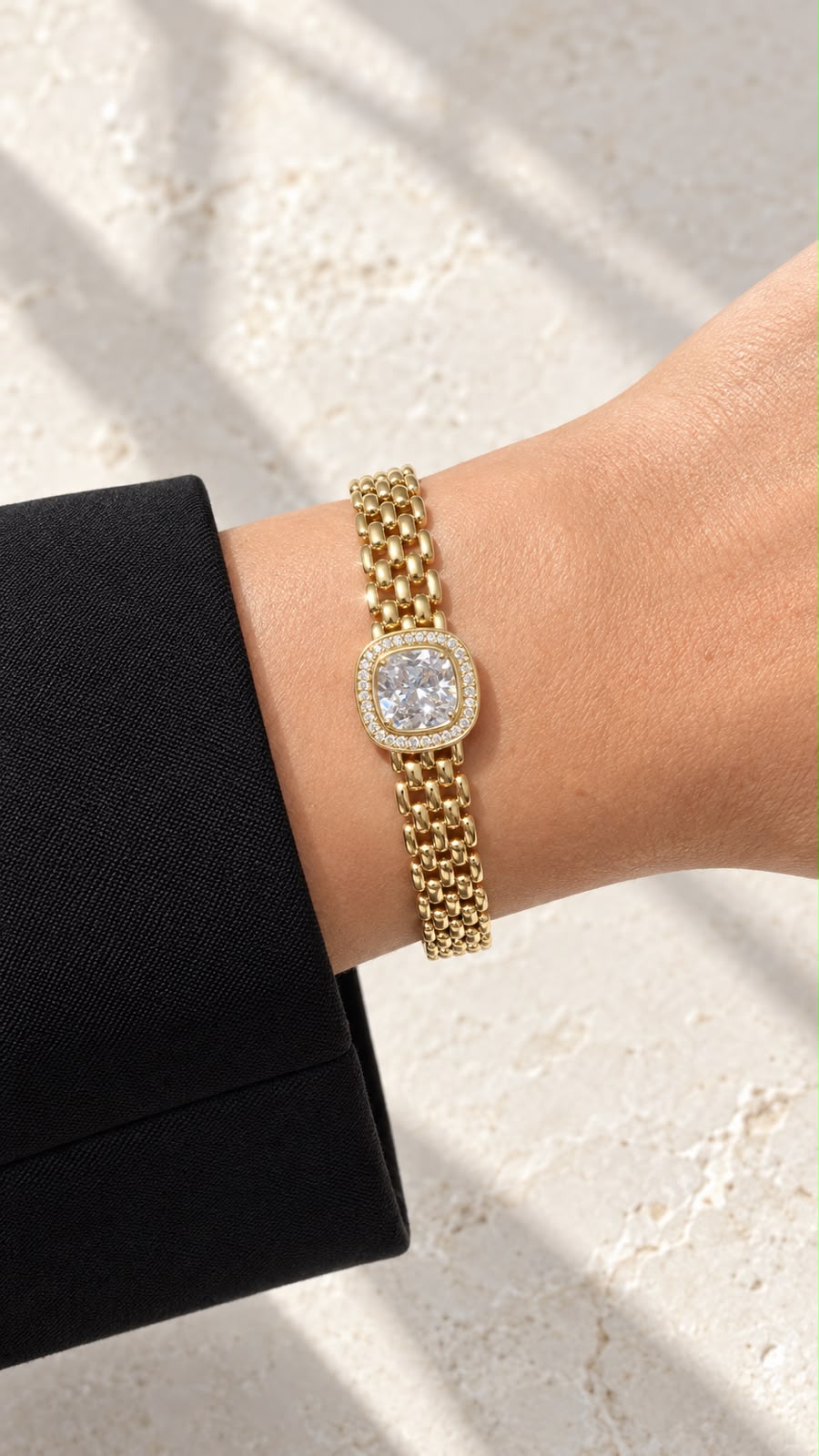 Gold-Tone Watch-Inspired Bracelet with Oval Sparkling Face