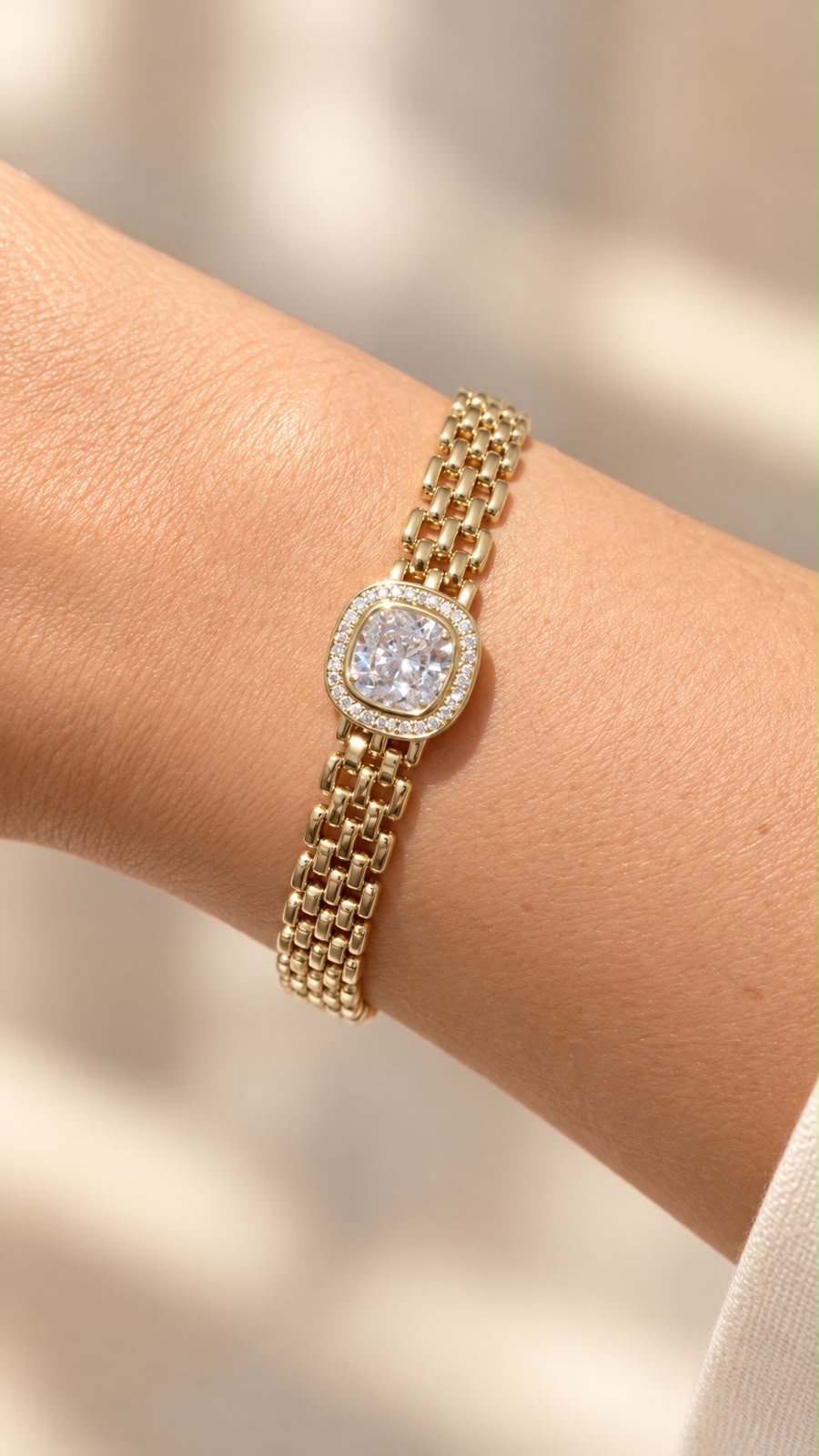 Gold-Tone Watch-Inspired Bracelet with Oval Sparkling Face