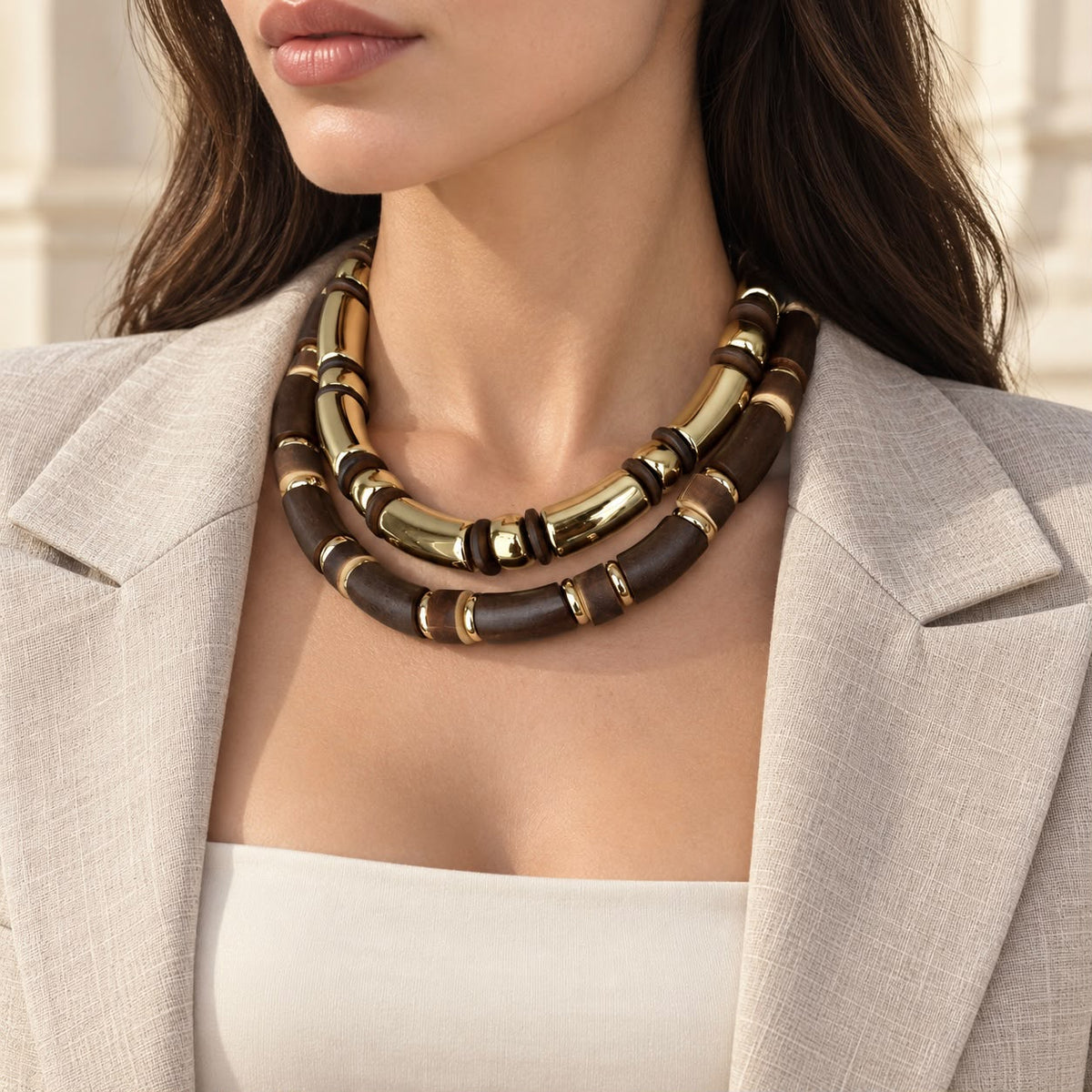 Two-Piece Brown and Gold-Tone Chunky Bead Necklace Set