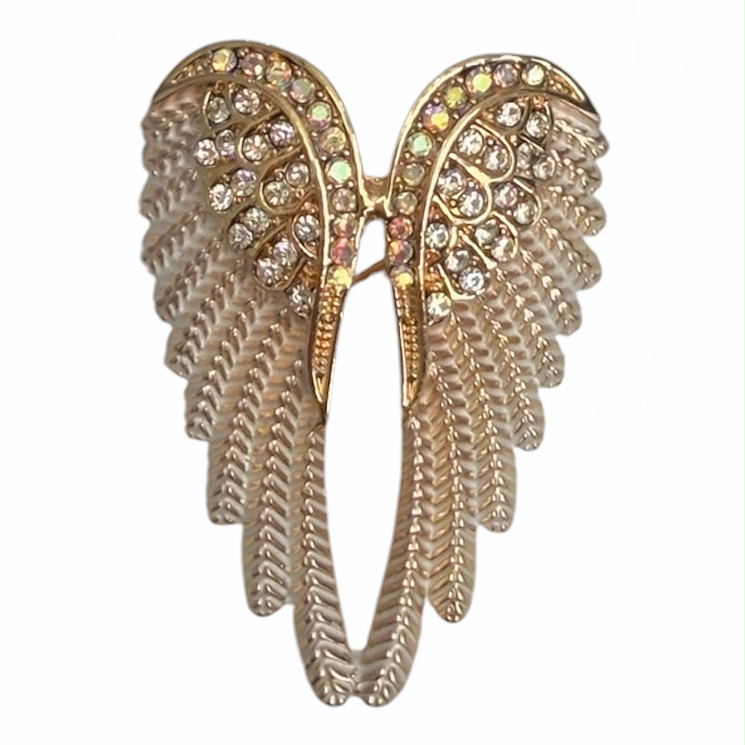 Gold Tone Angel Wings Brooch Pin with Clear Crystals and White Enamel Detail