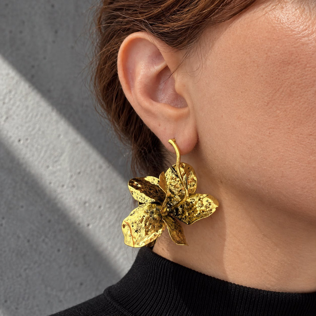 Gold-Tone Textured Flower Statement Earrings