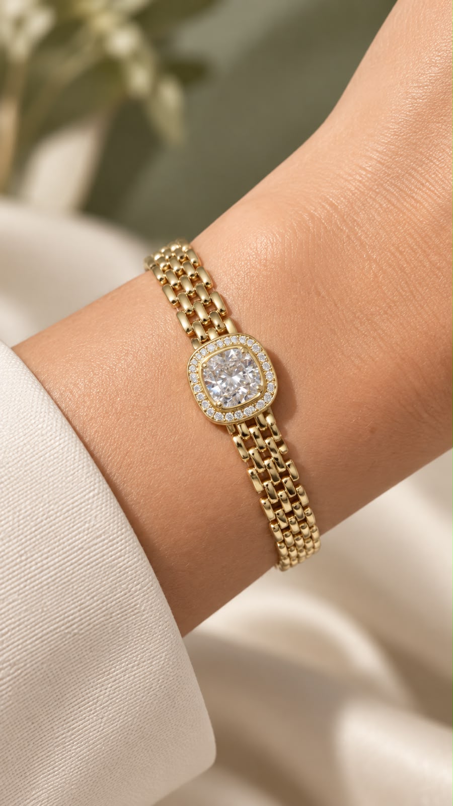Gold-Tone Watch-Inspired Bracelet with Oval Sparkling Face