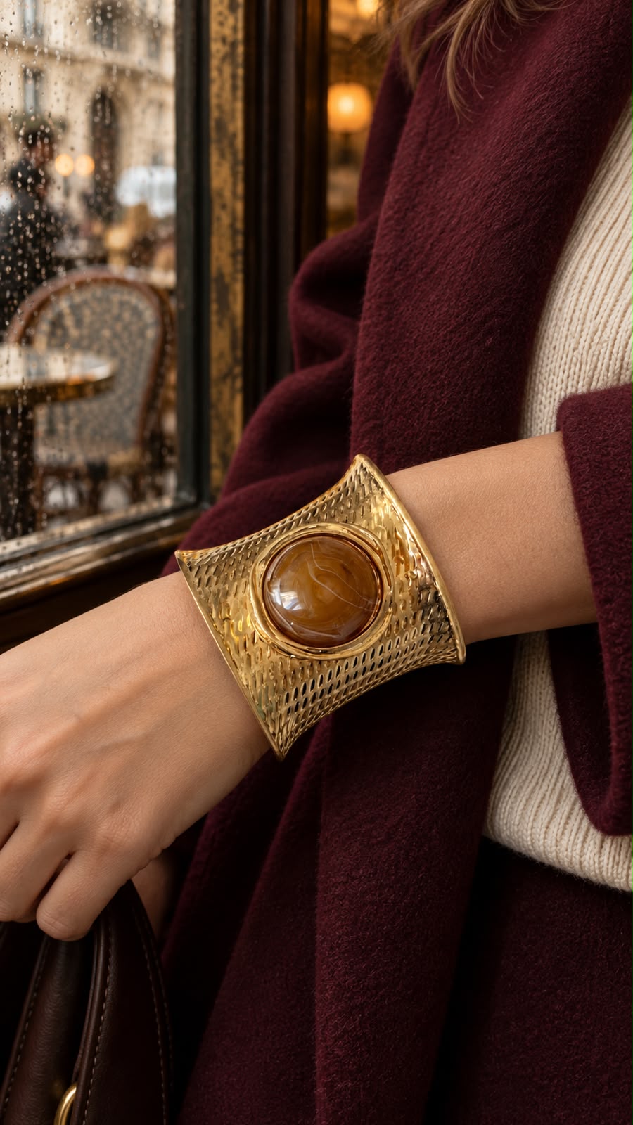 Gold-Tone Wide Cuff Bracelet with Amber-Colored Center