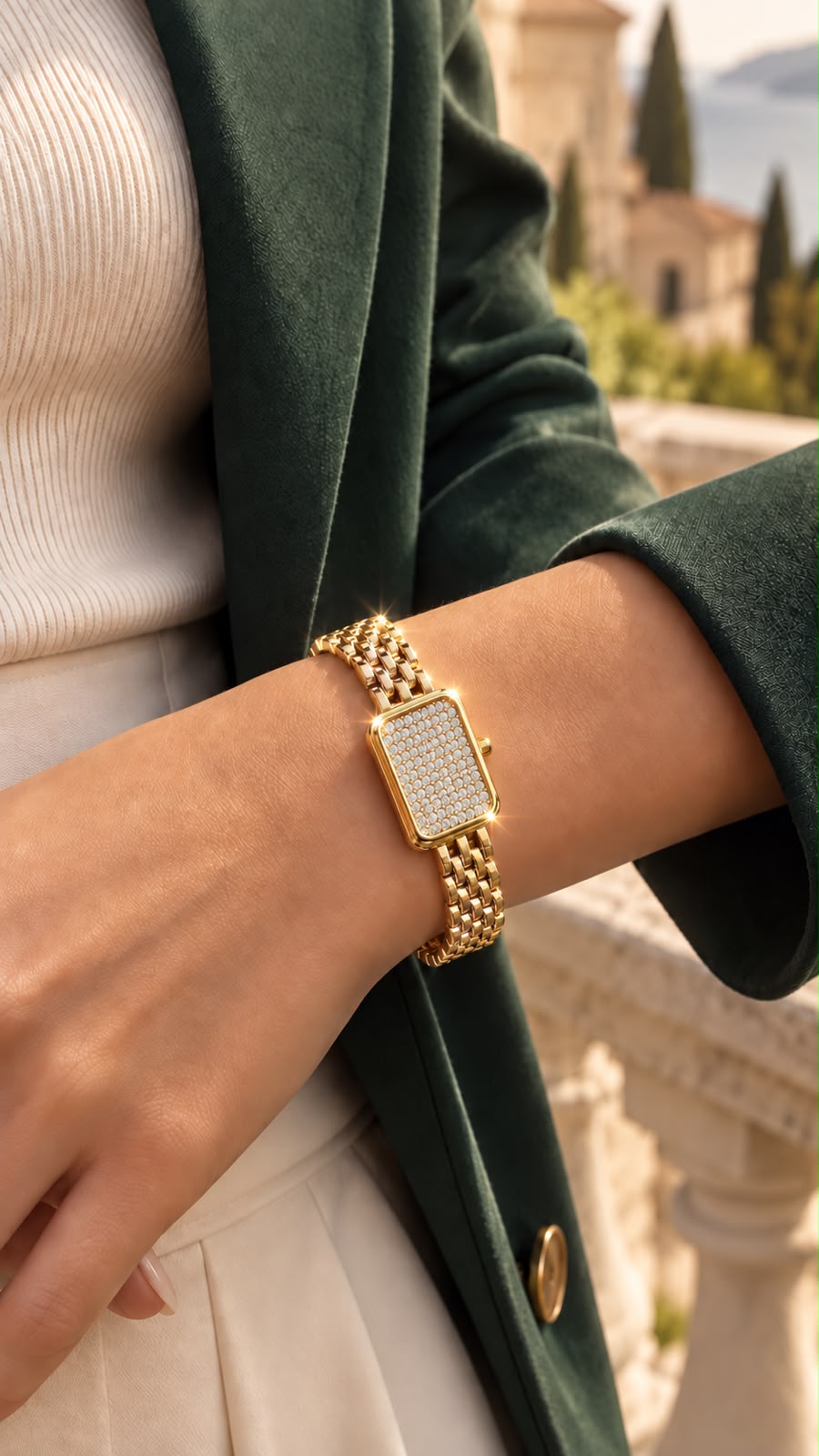 Gold-Tone Watch-Inspired Bracelet with Sparkling Rectangular Face