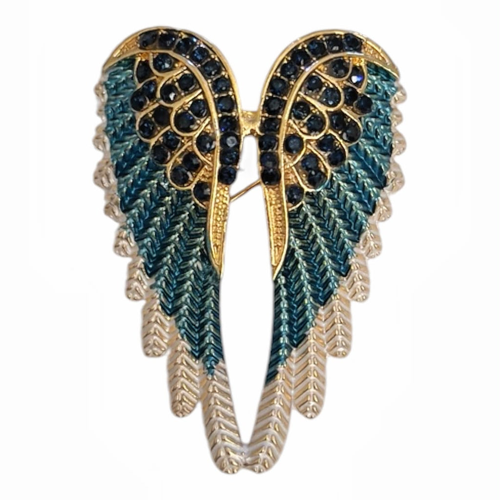 Gold Tone Angel Wings Brooch Pin with Blue Crystals and Enamel Detail