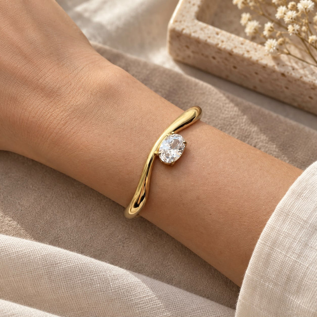 Gold-Tone Open Cuff Bracelet with Clear Drop Charm