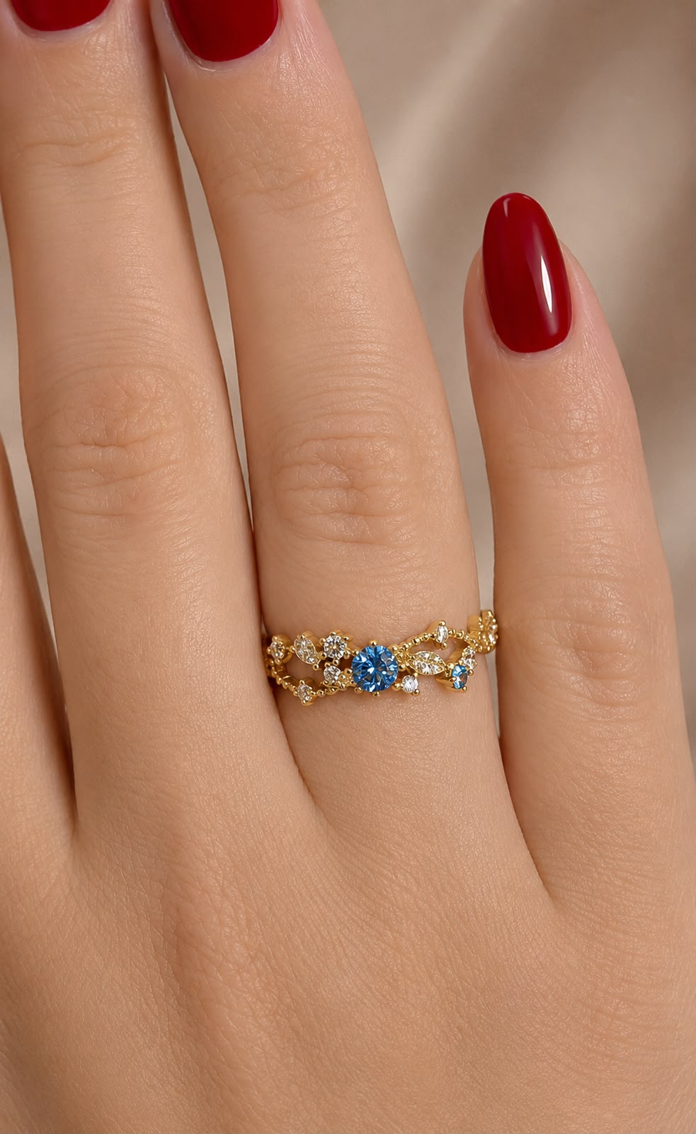 Adjustable Gold Filigree Ring with Blue Crystal Accent