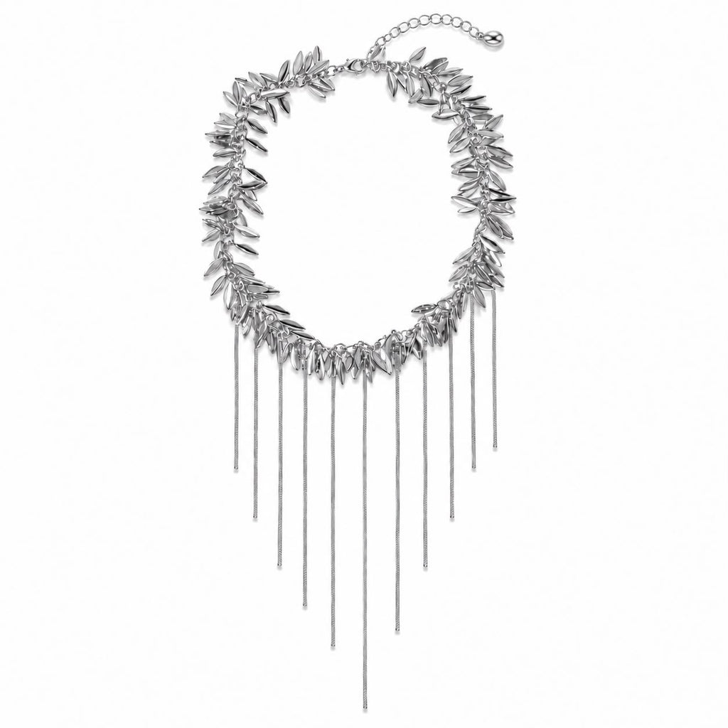 Silver Leaf Choker Necklace with Draping Fringe Chains