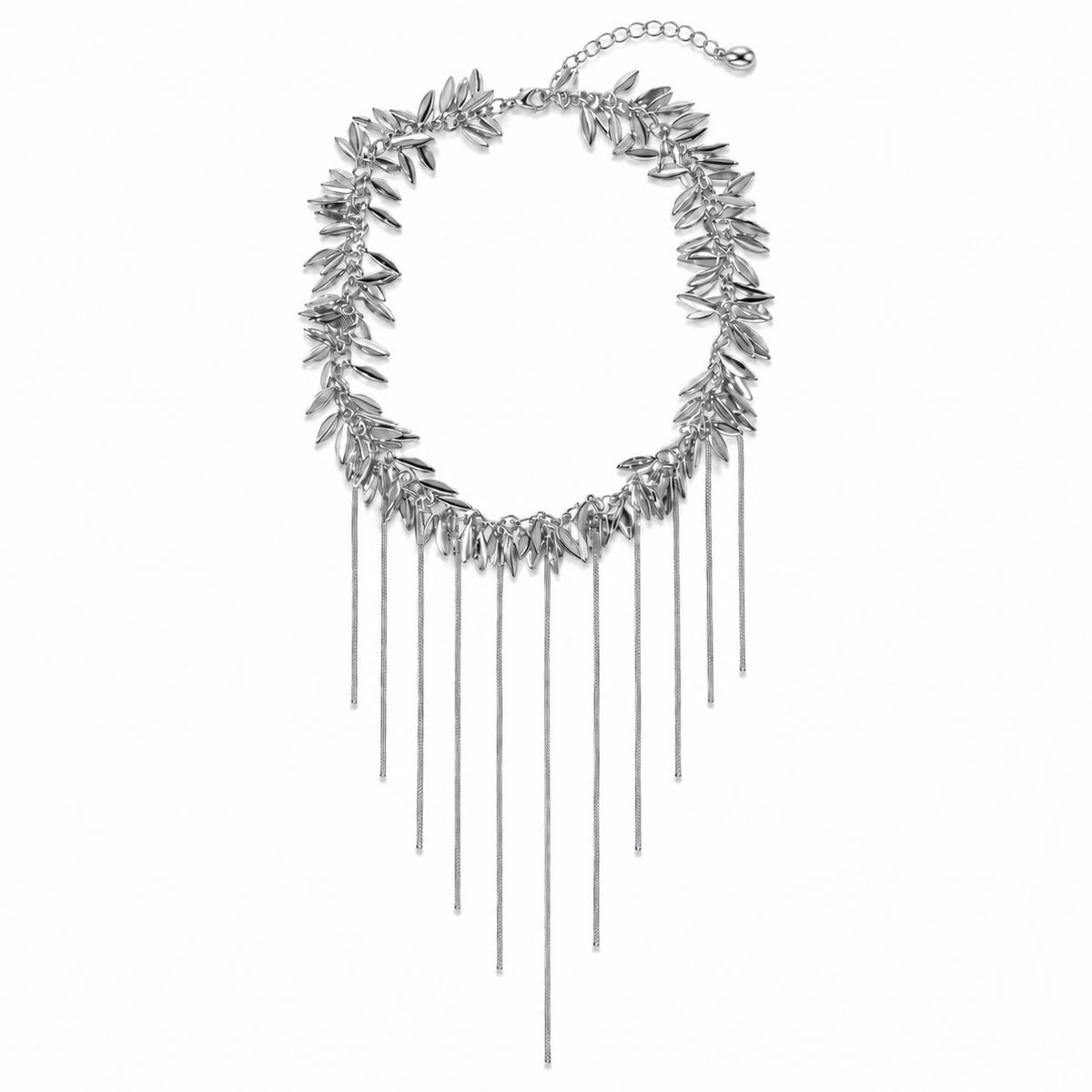 Silver Leaf Choker Necklace with Draping Fringe Chains