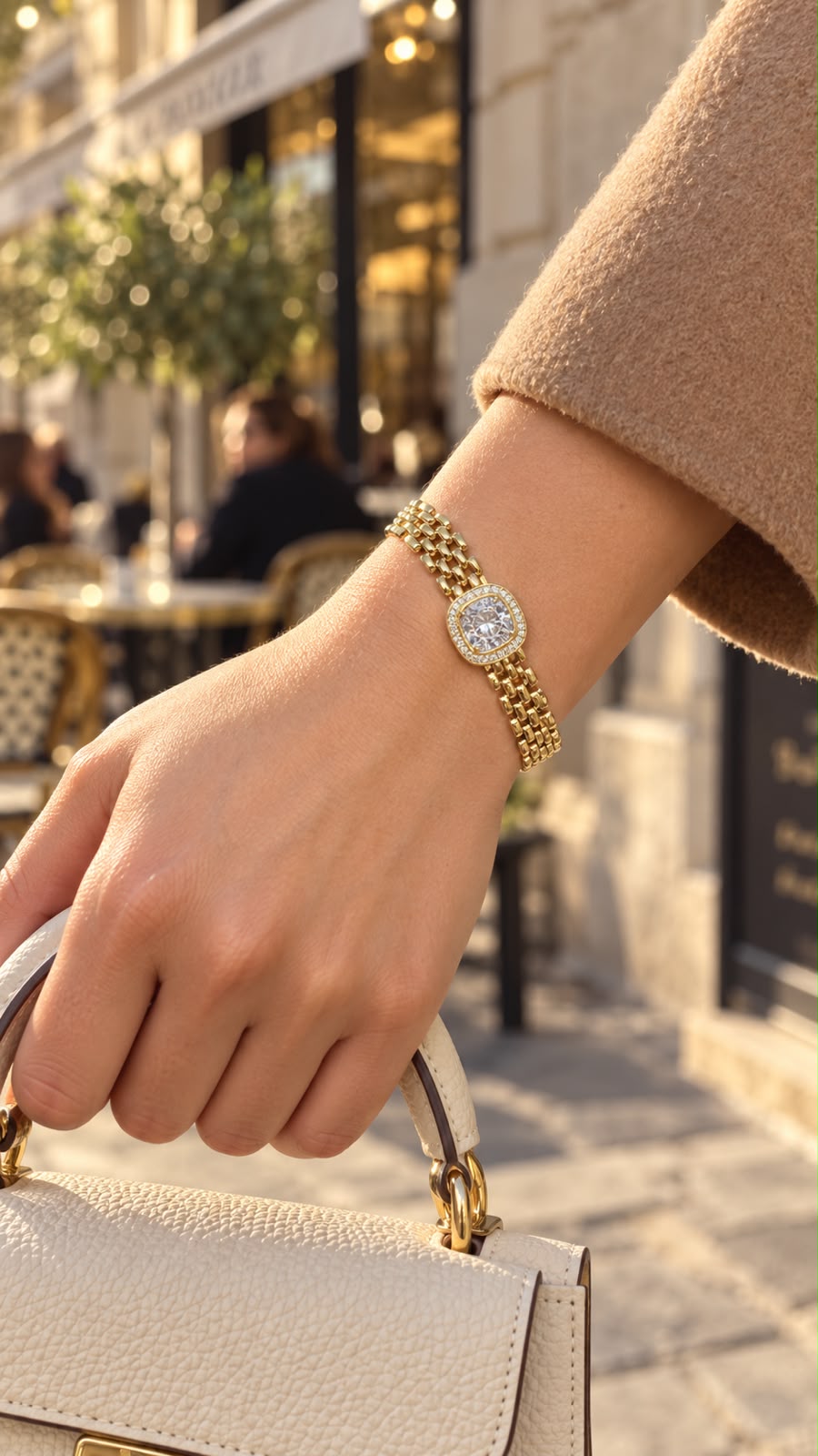 Gold-Tone Watch-Inspired Bracelet with Oval Sparkling Face