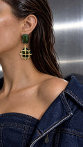 Green Geometric Drop Earrings with Gold-Tone Openwork Detail