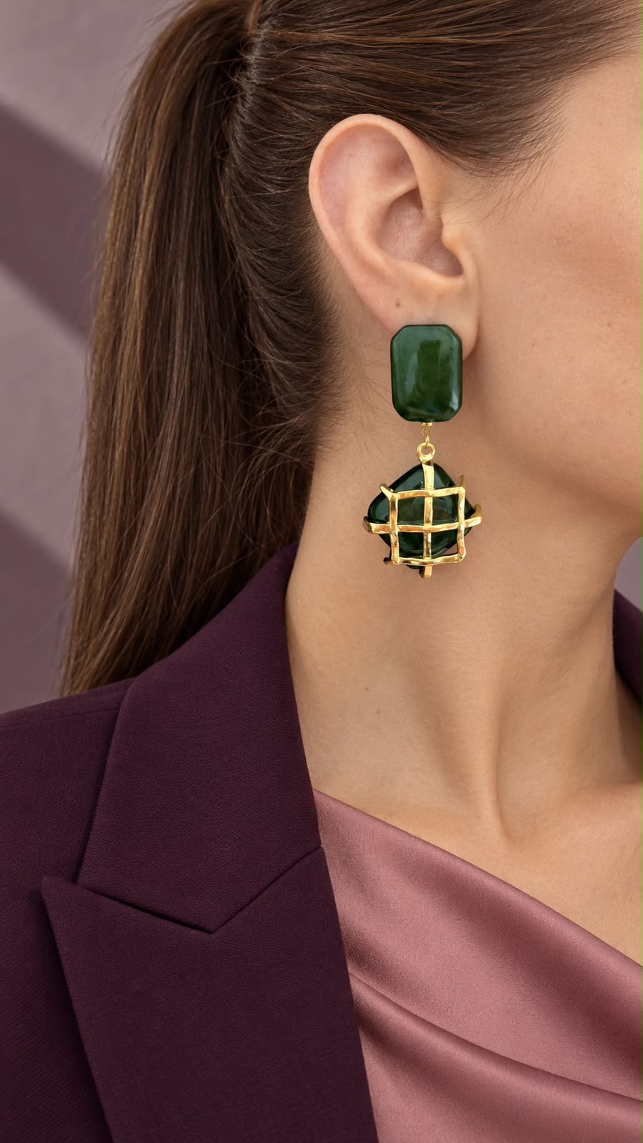 Green Geometric Drop Earrings with Gold-Tone Openwork Detail