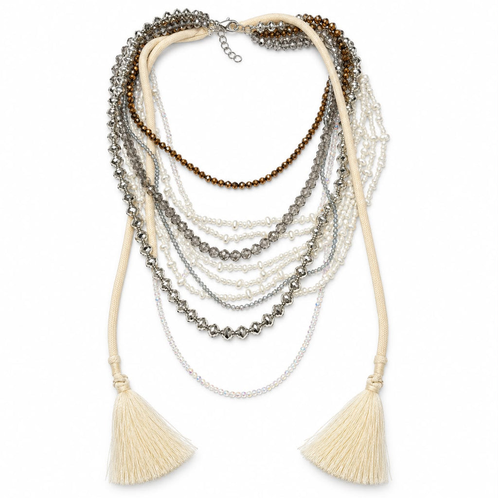 Two-Piece Layered Beaded Necklace Set with Ivory Tassels