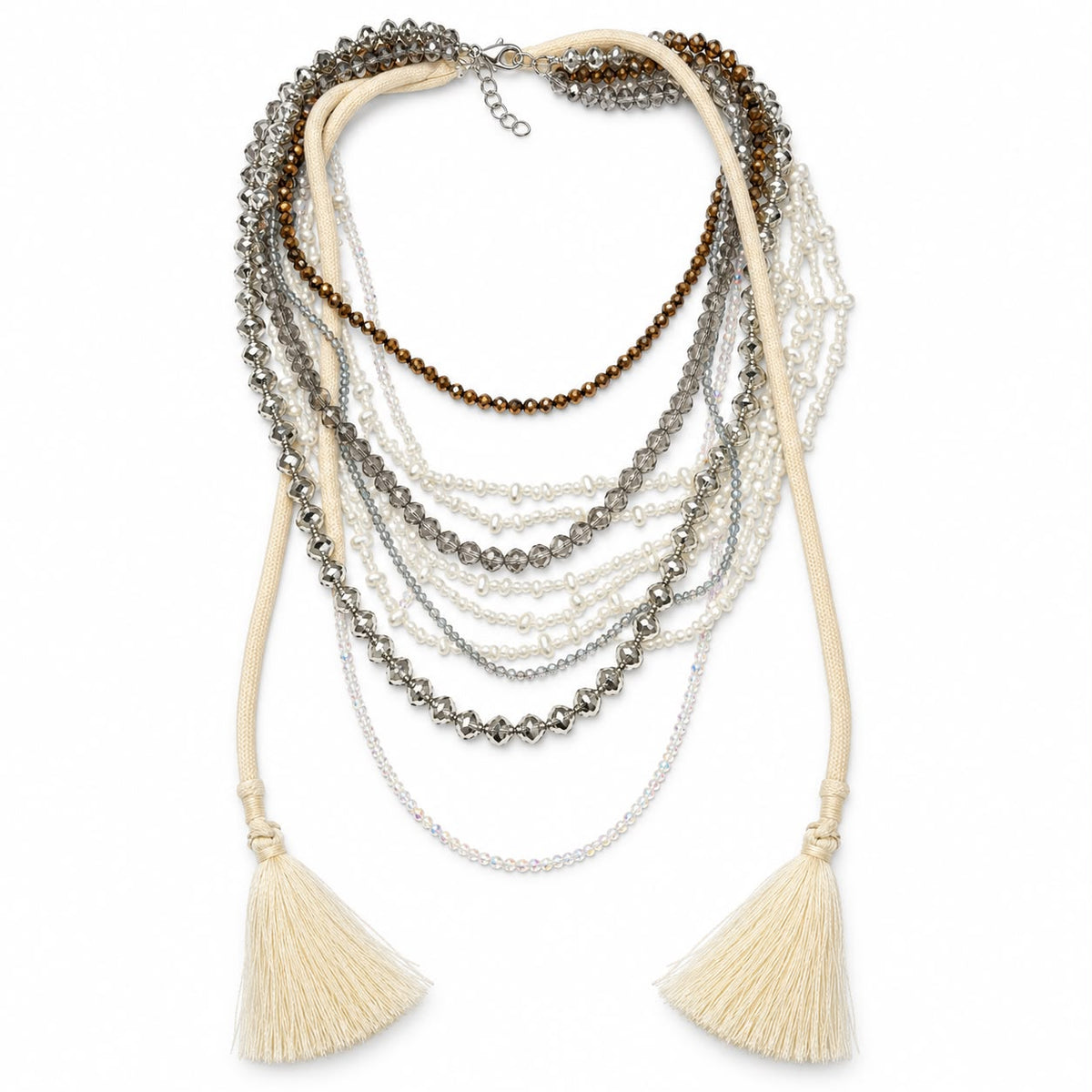 Two-Piece Layered Beaded Necklace Set with Ivory Tassels