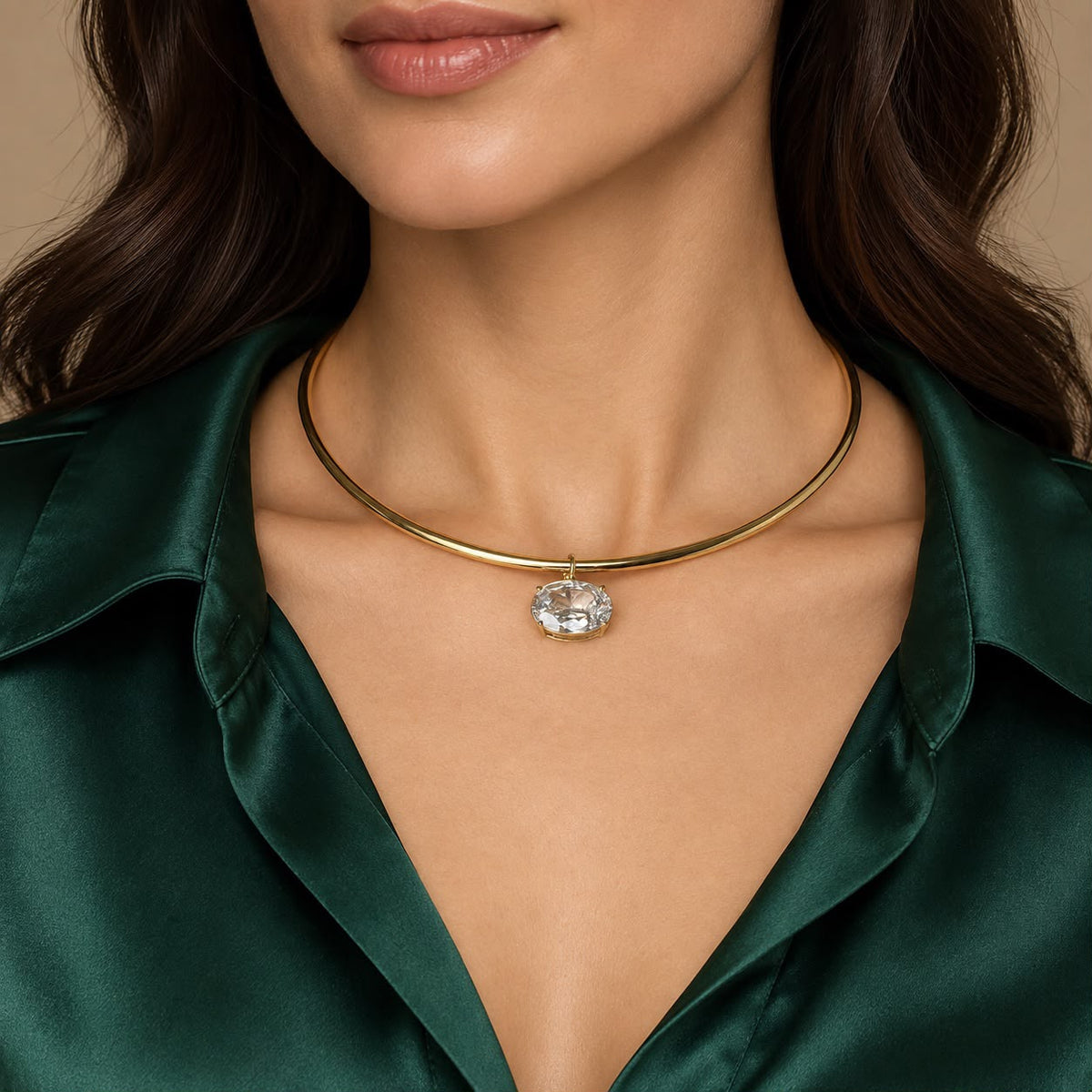 Gold-Tone Choker Necklace with Clear Oval Pendant