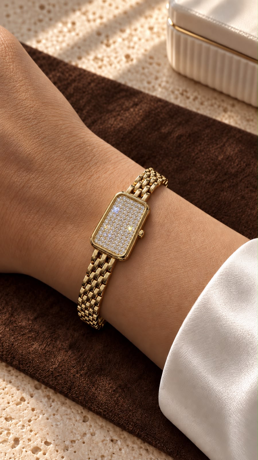 Gold-Tone Watch-Inspired Bracelet with Sparkling Rectangular Face