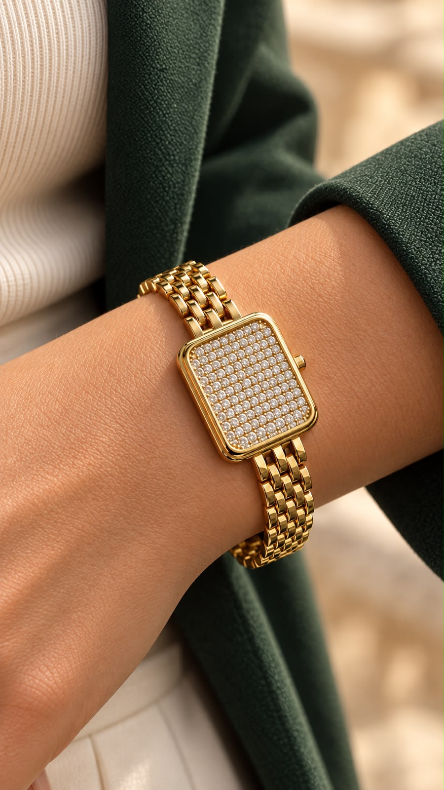 Gold-Tone Watch-Inspired Bracelet with Sparkling Rectangular Face