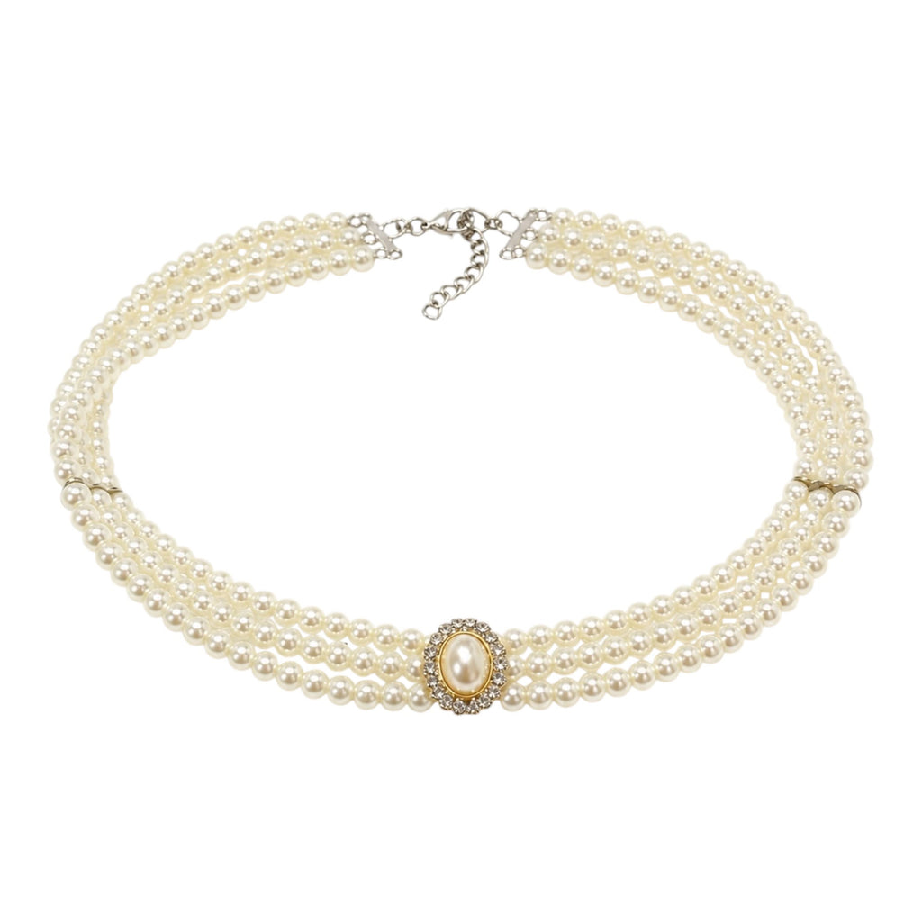 3-Strand Pearl Choker Necklace with Two-Tone Oval Crystal Brooch Accent