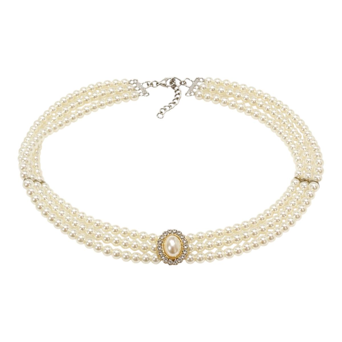 3-Strand Pearl Choker Necklace with Two-Tone Oval Crystal Brooch Accent