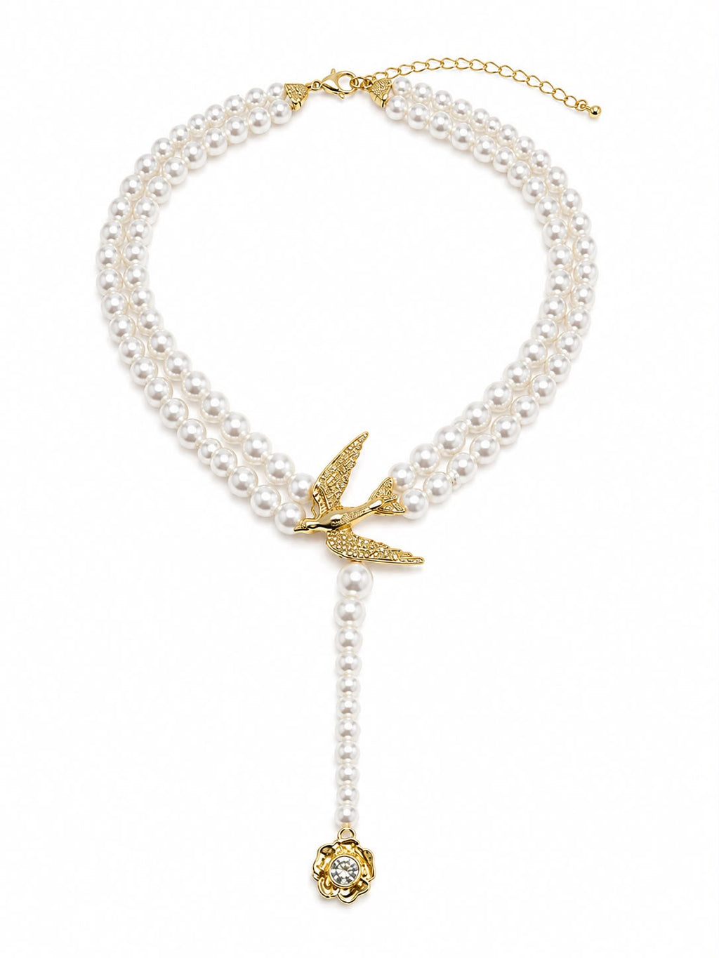 Double-Strand Pearl Look Swallow Necklace with Drop Pendant