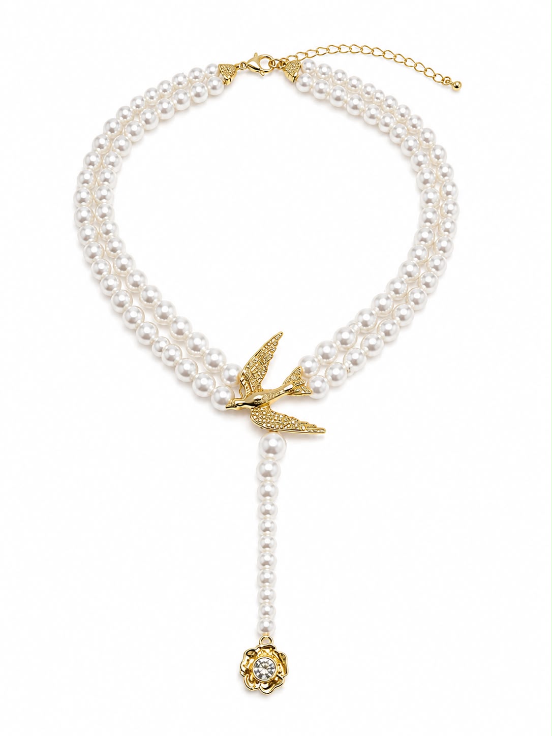 Double-Strand Pearl Look Swallow Necklace with Drop Pendant