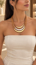 Multi-Strand Cord Statement Necklace with Hammered Gold and Silver Tone Curved Tubes