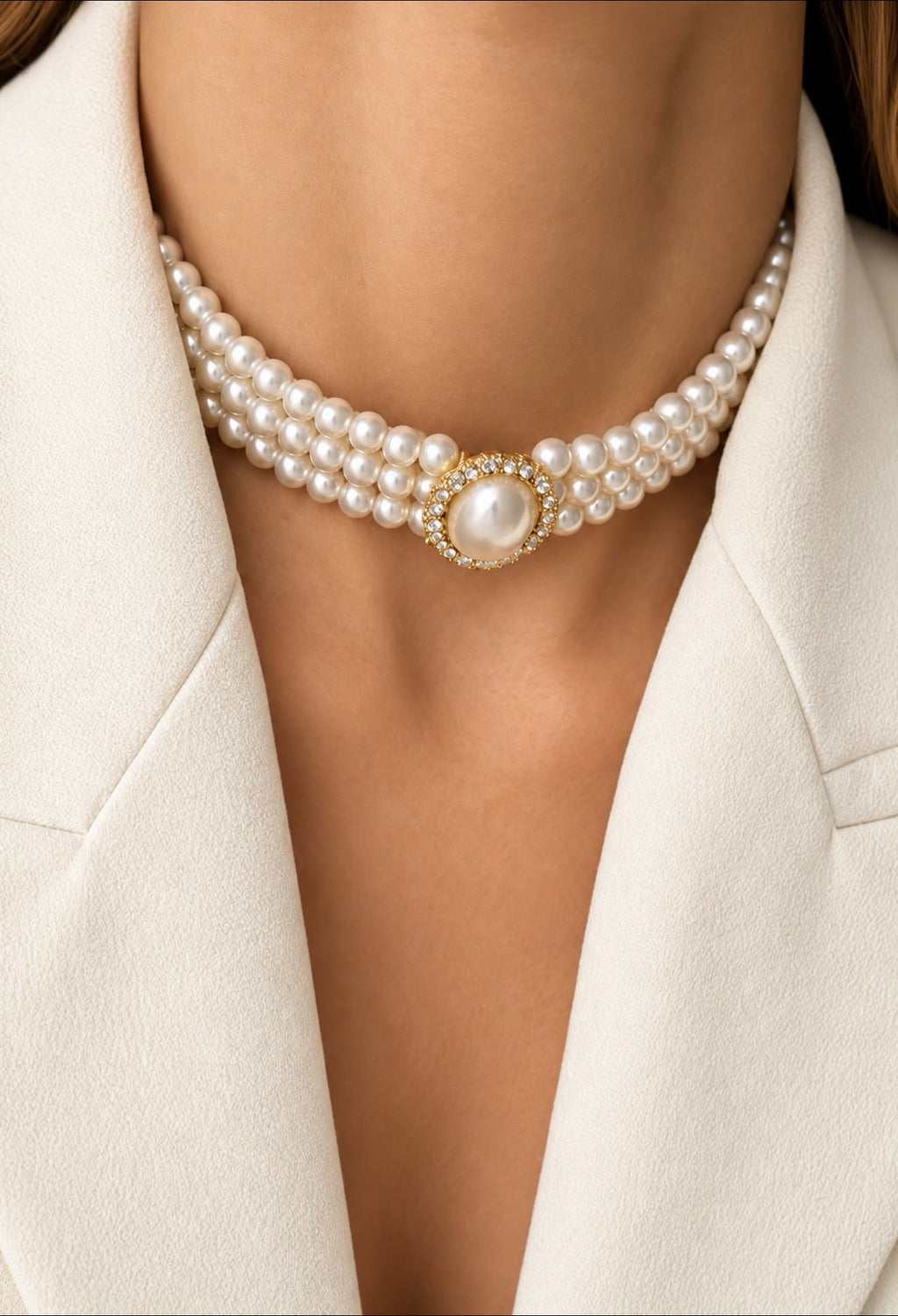 3-Strand Pearl Choker Necklace with Two-Tone Oval Crystal Brooch Accent