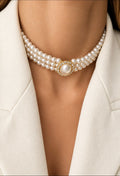 3-Strand Pearl Choker Necklace with Two-Tone Oval Crystal Brooch Accent