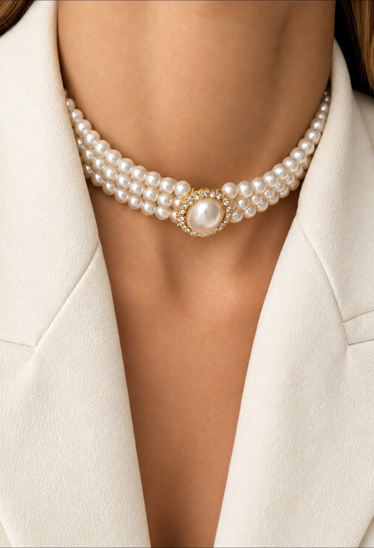 3-Strand Pearl Choker Necklace with Two-Tone Oval Crystal Brooch Accent