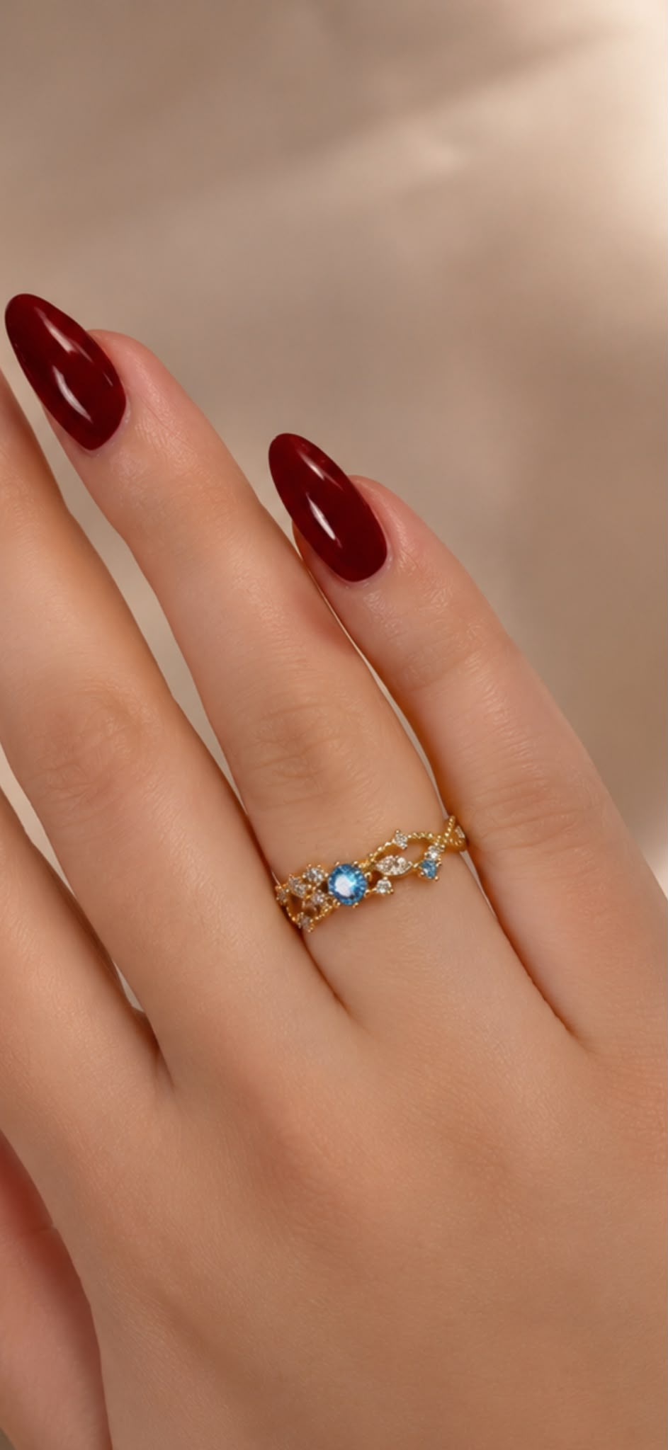 Adjustable Gold Filigree Ring with Blue Crystal Accent