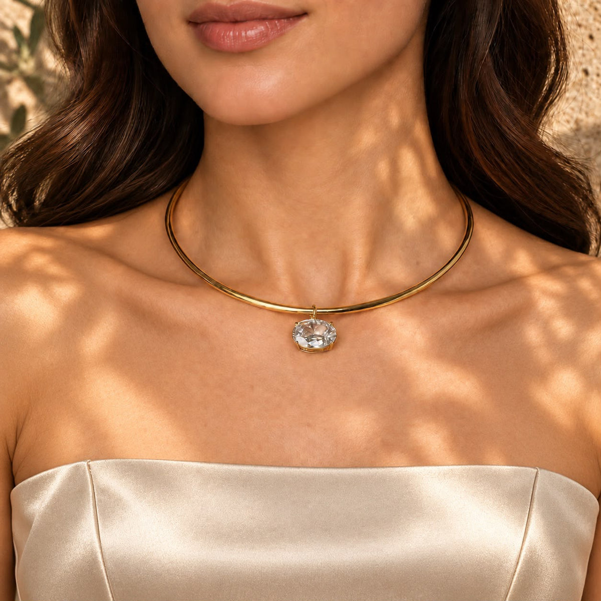 Gold-Tone Choker Necklace with Clear Oval Pendant
