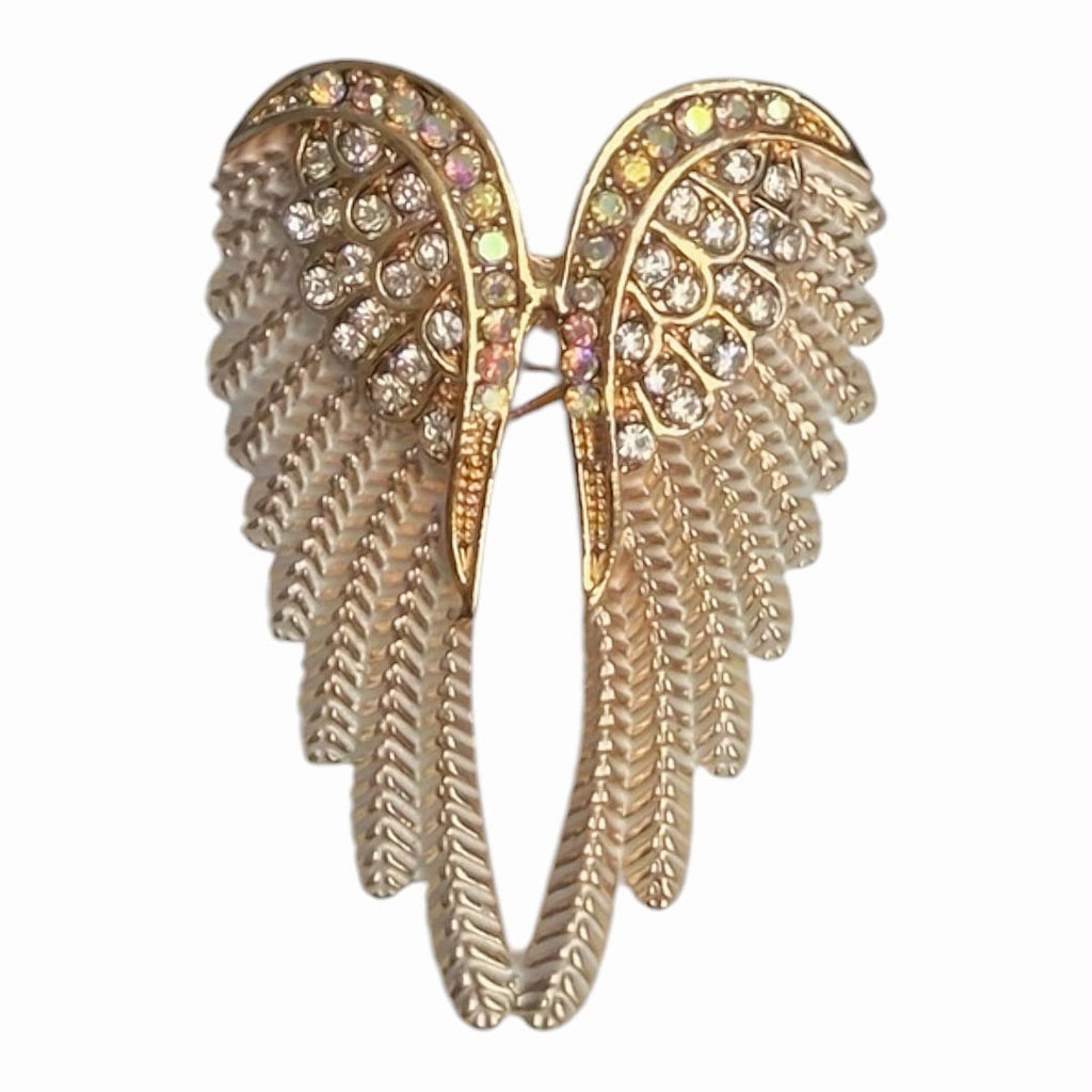 Gold Tone Angel Wings Brooch Pin with Clear Crystals and White Enamel Detail
